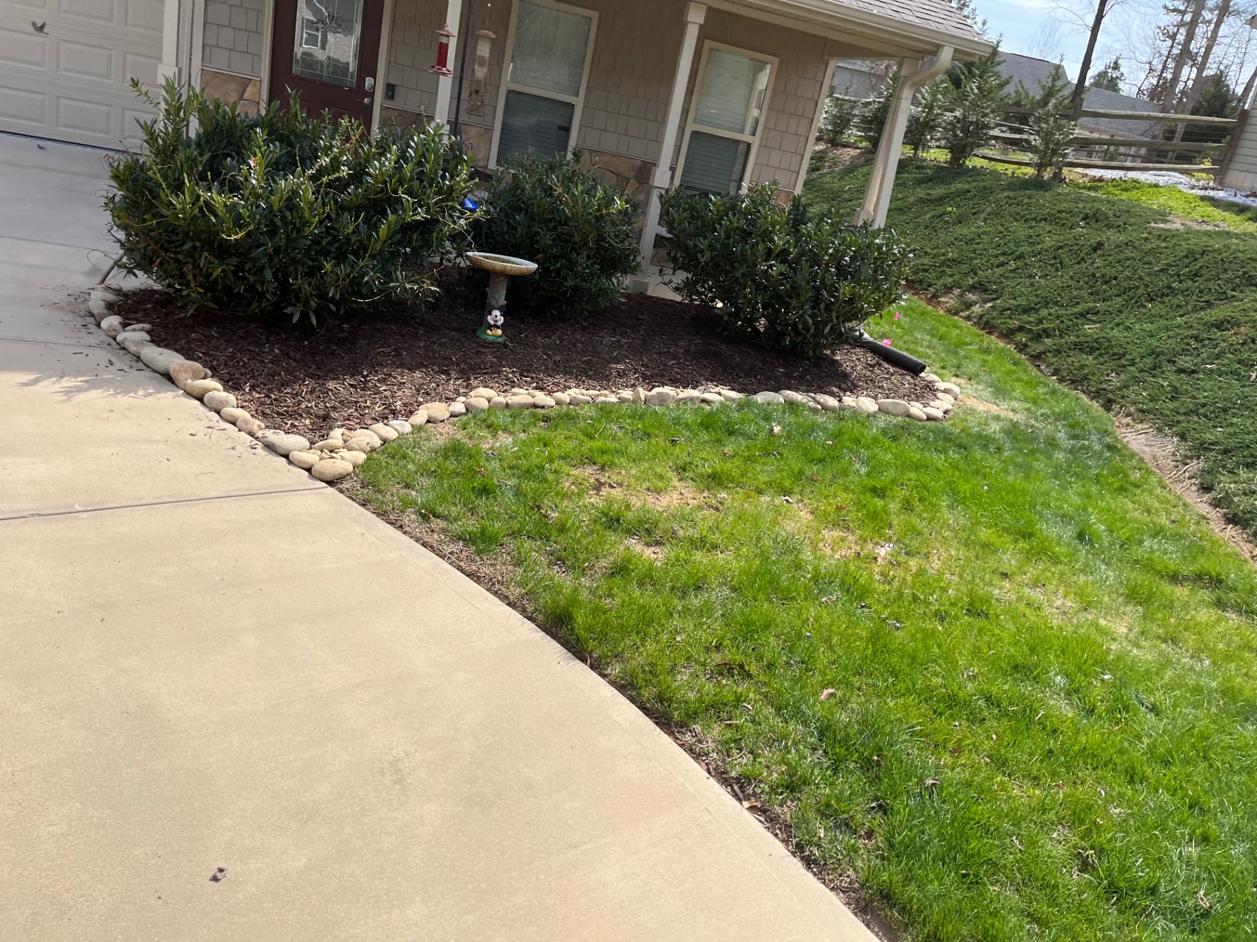 Fresh mulch bed around existing shrubs with a river-rock border along a driveway and a drain line daylighting on a sloped lawn in Lincolnton, NC